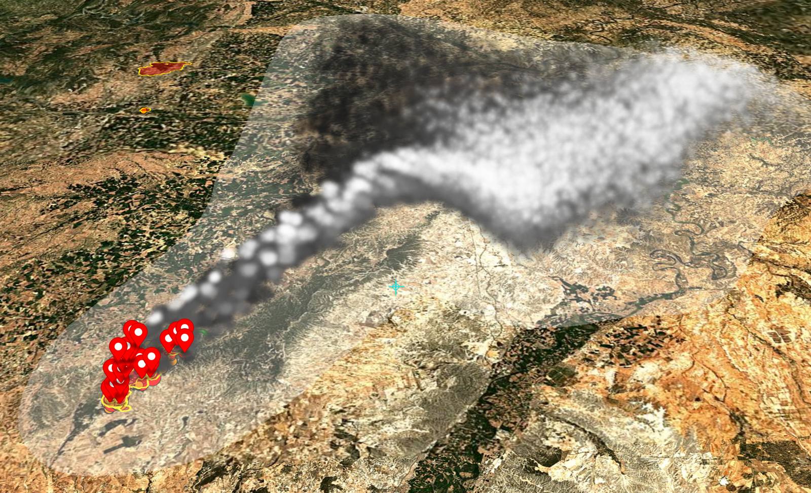 Simulazione di dispersione del fumo di WildEngine che mostra la colonna alla deriva sottovento a partire dall'incendio su terreno satellitare