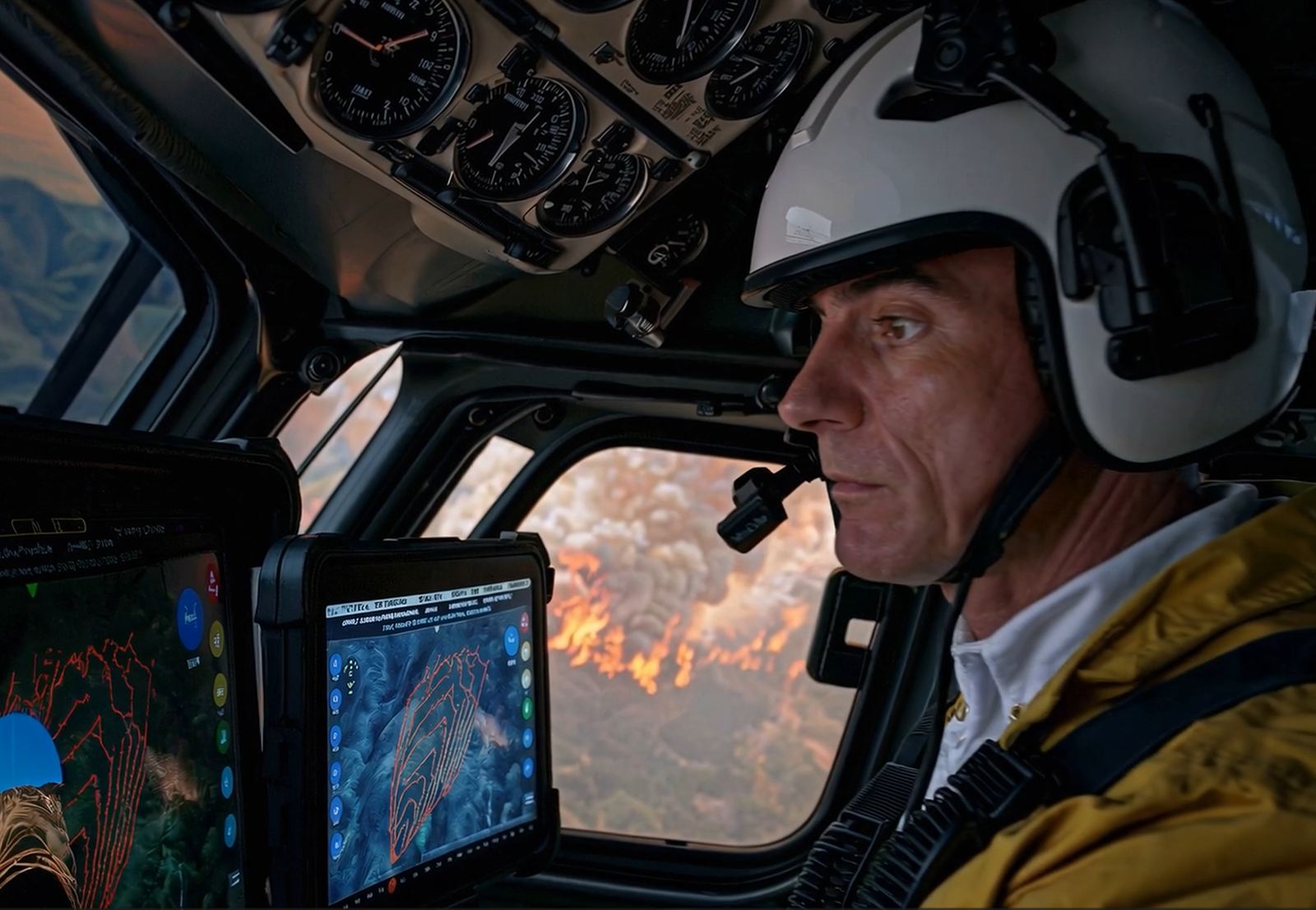 Tripulación aérea en una cabina consultando el mapa de incendio de WildCaster en tabletas rugerizadas, con un incendio visible por la ventanilla