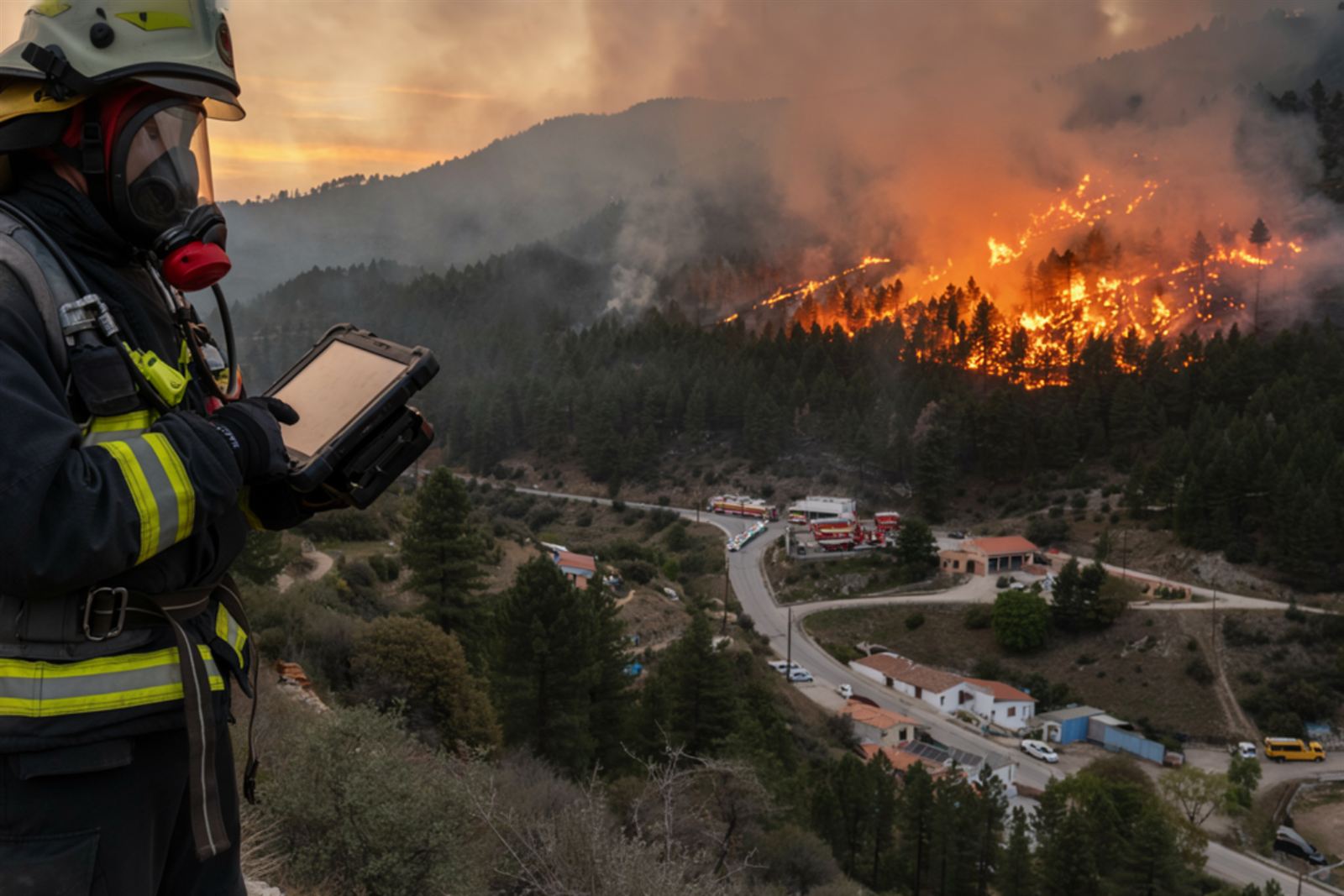 Un bombero forestal con equipo de protección consulta el mapa de WildCaster en una tableta mientras un incendio avanza por la ladera de enfrente