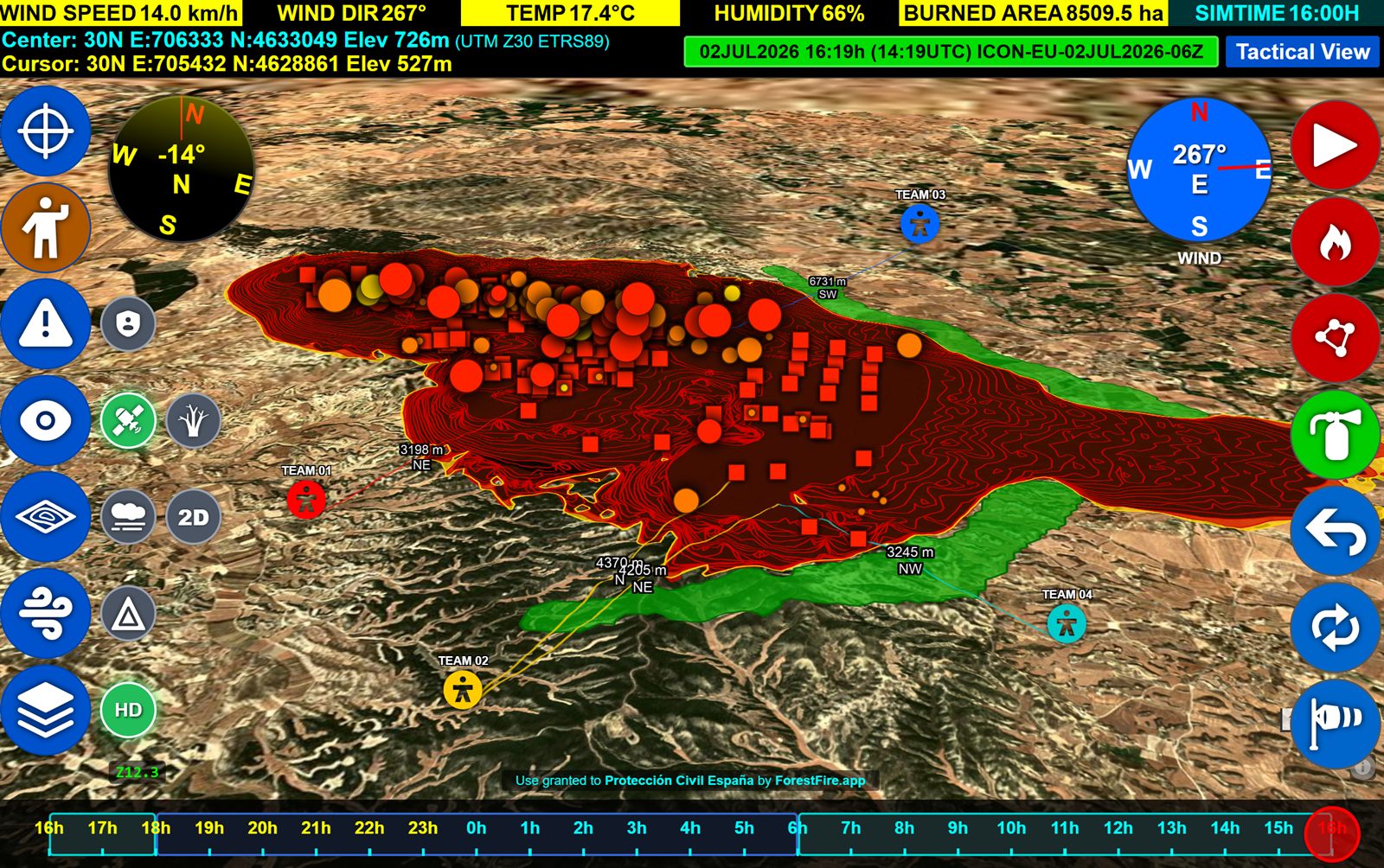 La interfaz táctica de WildCaster: mapa 3D del terreno con el perímetro del incendio y los contornos de propagación, cuatro equipos con líneas de distancia, brújula y viento, panel meteorológico y barra temporal de 24 horas