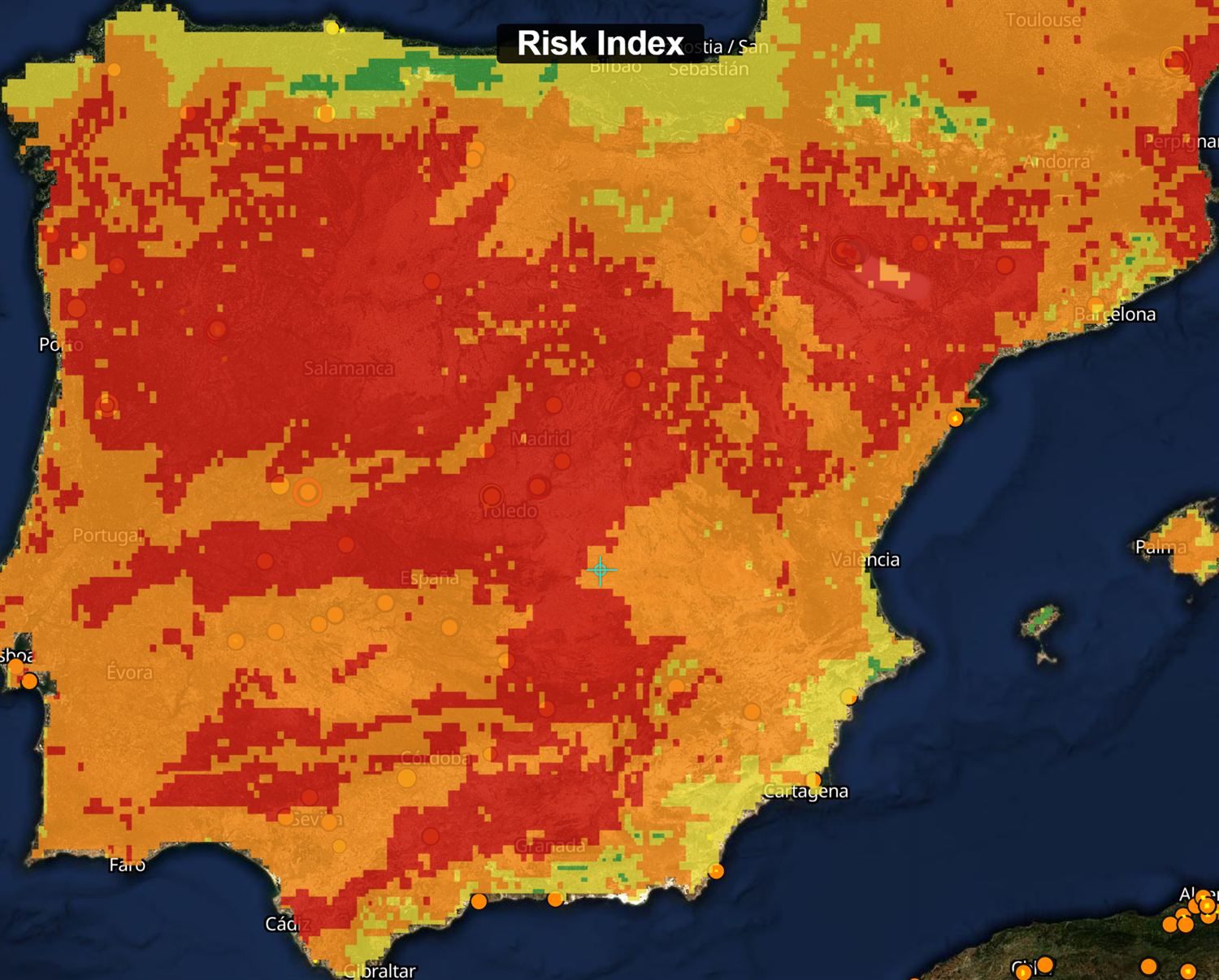 Mapa del índice de riesgo de incendio de la península ibérica, graduado del verde bajo al rojo extremo